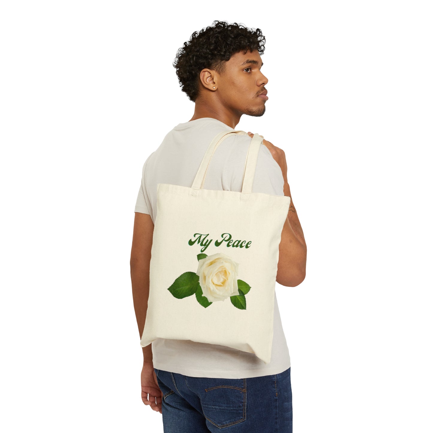 White Rose Design Cotton Canvas Statement Tote Bag